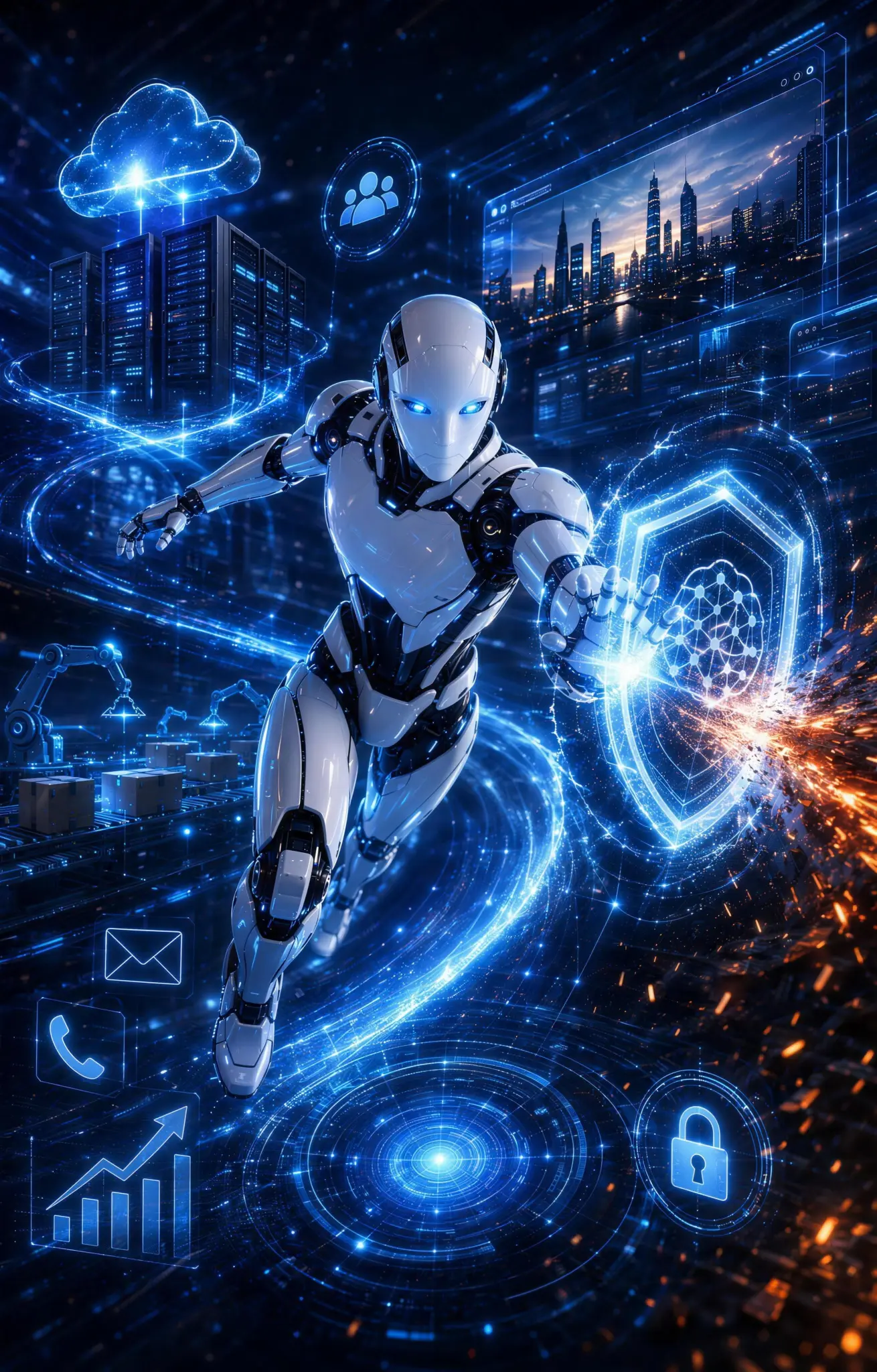 Futuristic Agile Tech campaign artwork featuring a humanoid robot, cloud infrastructure and a glowing cybersecurity shield