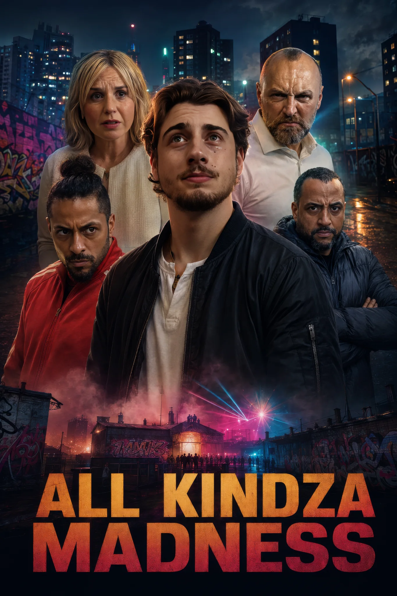 The principal cast of All Kindza Madness in a cinematic night-time ensemble portrait