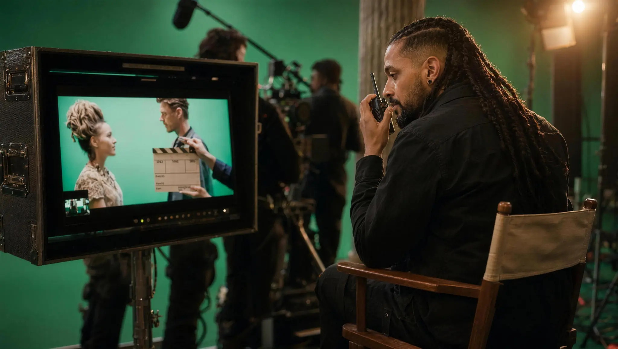 Fabien LeoGami Bolle-Soazandry directing beside a production monitor on a green-screen film set