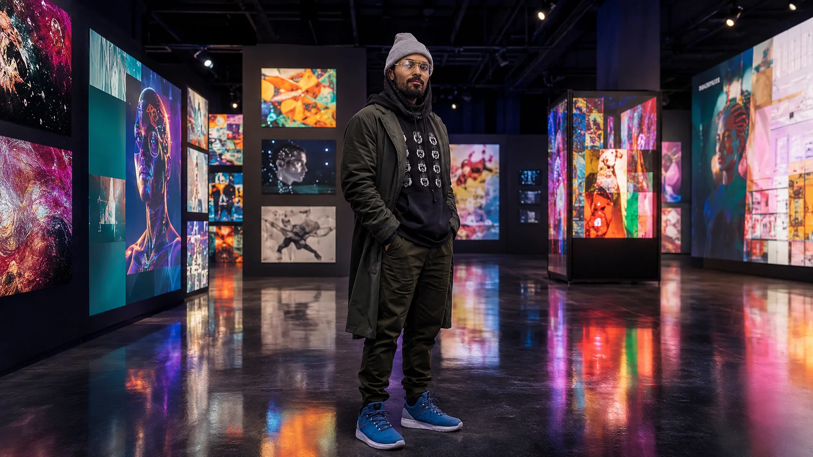 Fabien standing in an immersive digital-art gallery surrounded by illuminated artworks