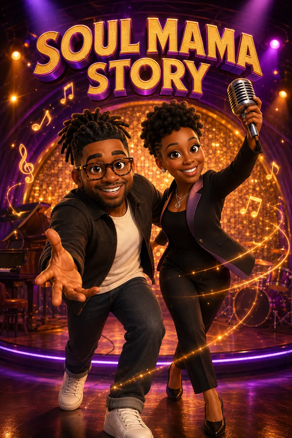 Soul Mama Story poster featuring Tokumbo and Yolanda reaching toward the audience on a vibrant live-music stage
