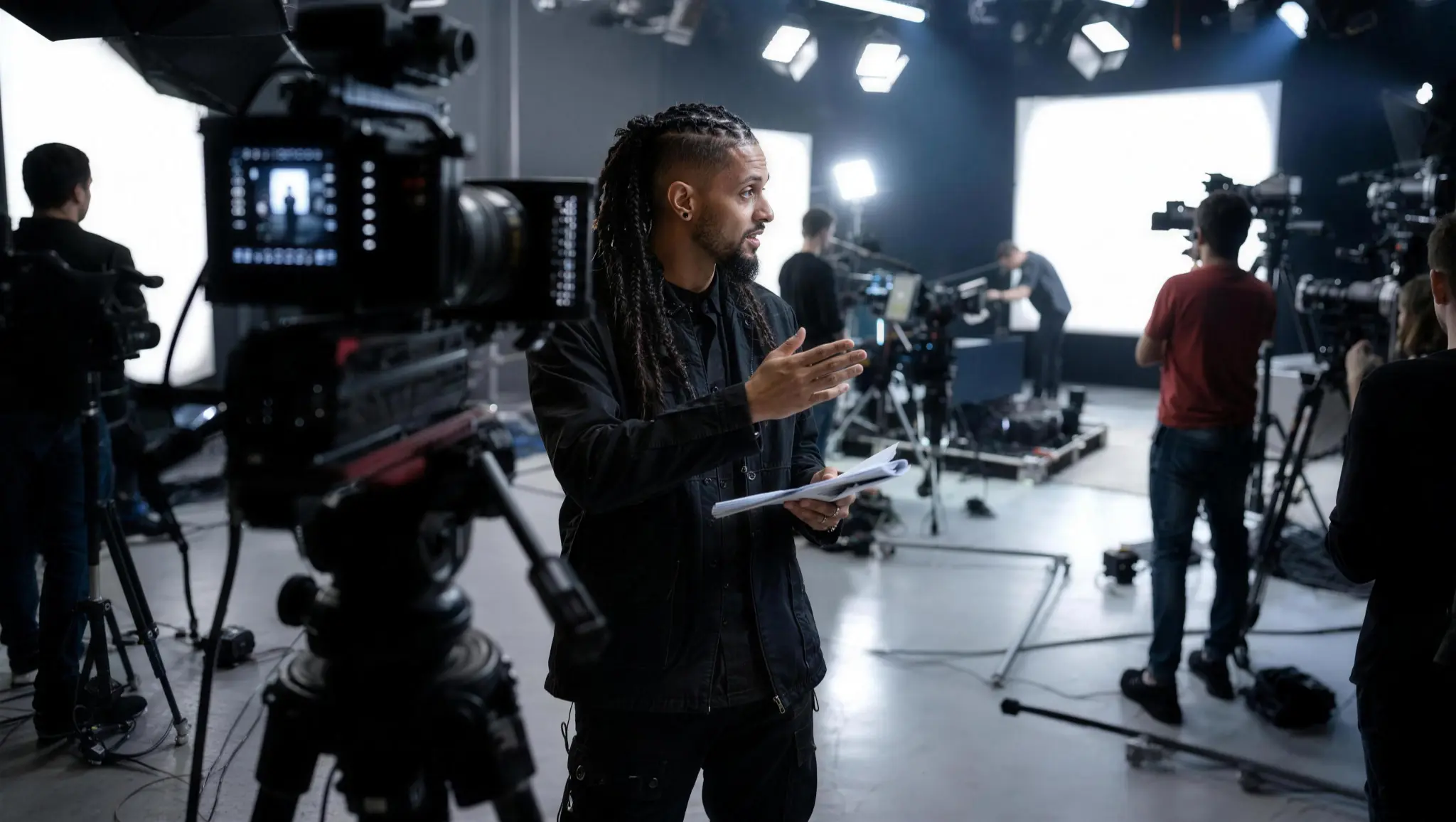 Fabien directing a multi-camera production on a professional studio set