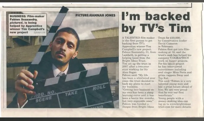 Newspaper profile titled I'm backed by TV's Tim, featuring Fabien holding a film clapperboard and reporting early investment from Tim Campbell